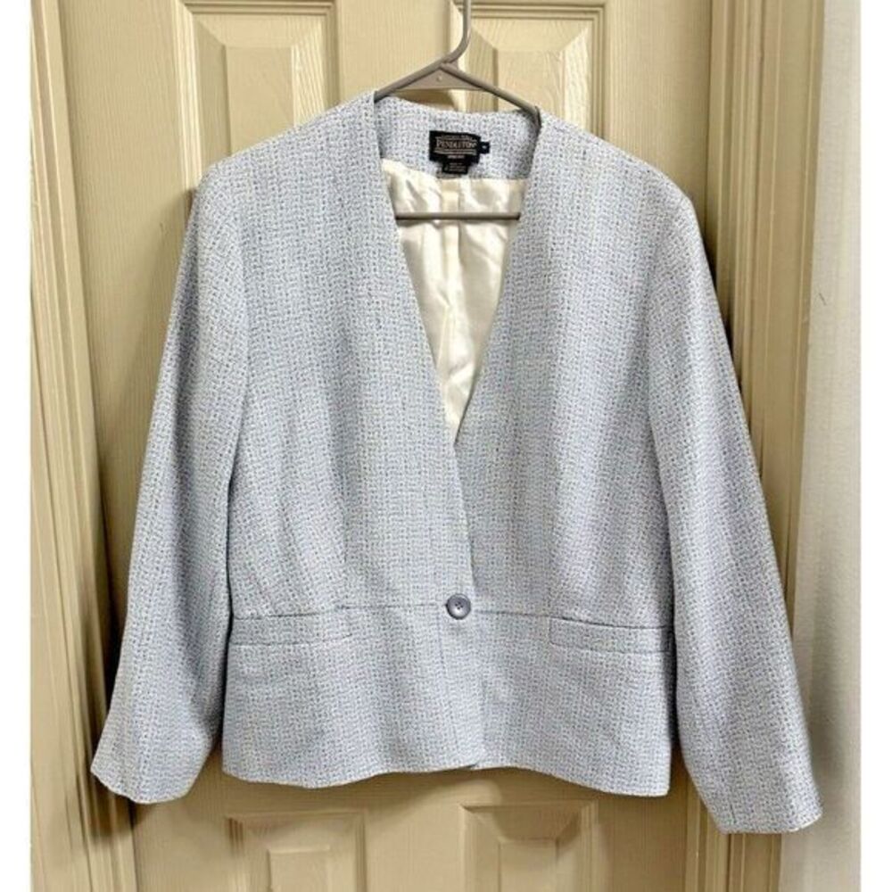 Pendleton Women 16 One Button Collarless Virgin Wool Blend Geo Print‎ Blue White